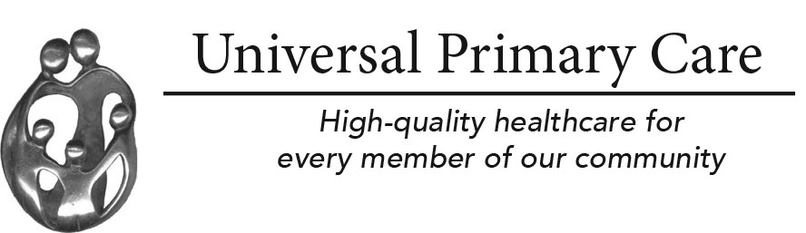 Universal Primary Care logo with community health slogan and family figures emblem